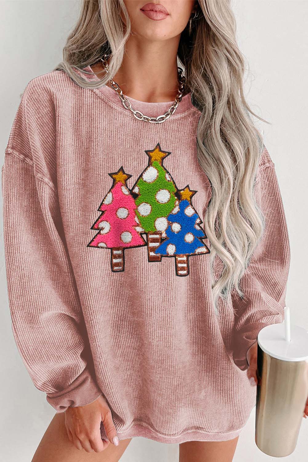 Pink Crinkle Rib Christmas Tree Sequin Graphic Sweatshirt