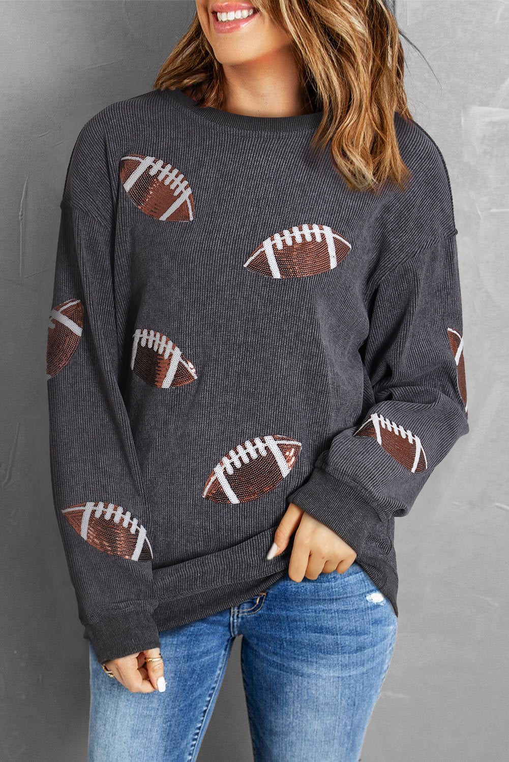 Black Sequin Rugby Graphic Corded Baggy Sweatshirt