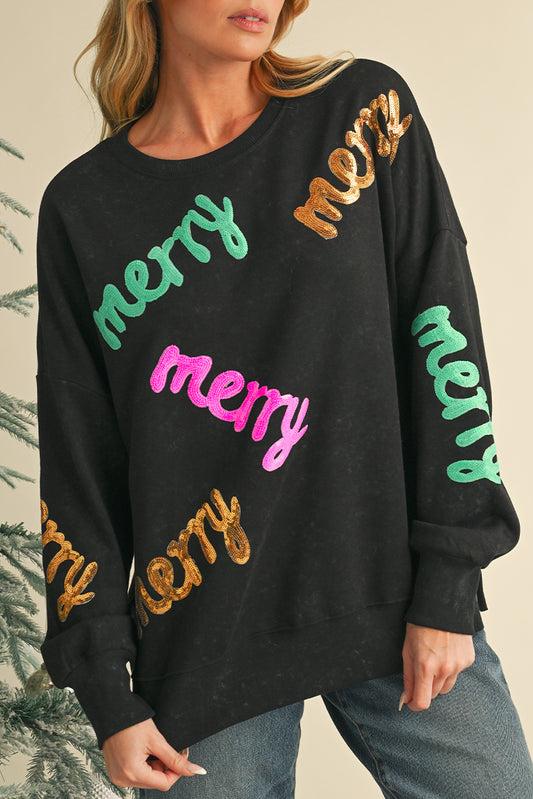 Black Sequins Merry Graphic Christmas Sweatshirt