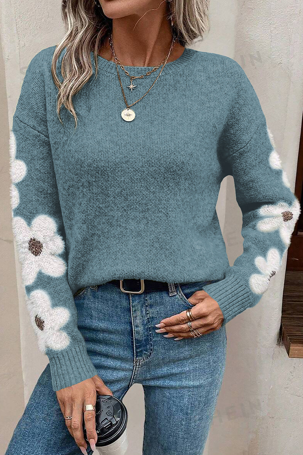 Moss Green Flower Drop Shoulder Sleeve Sweater