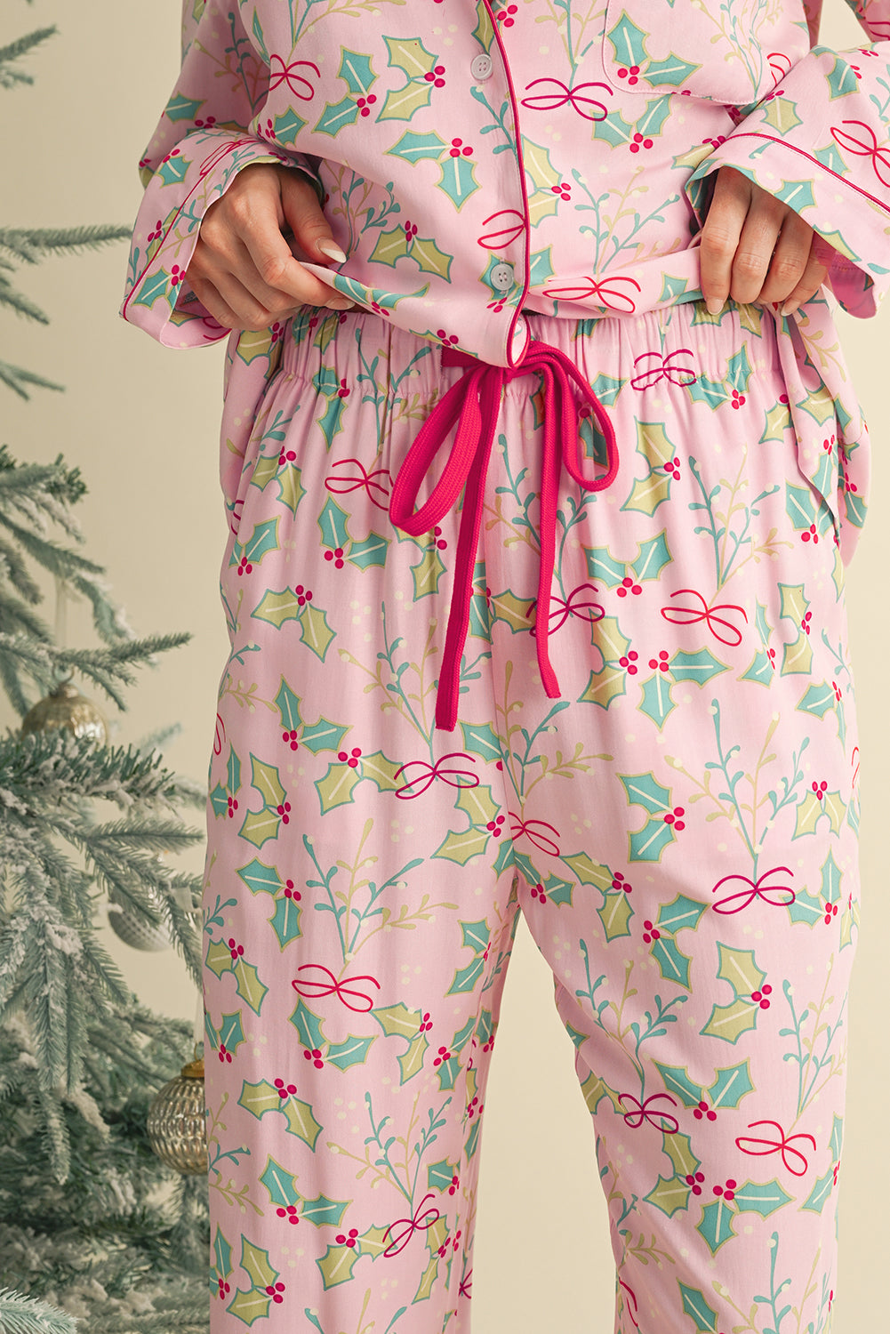 Multicolour Christmas Floral Long Sleeve Shirt and Pants Pajama Set