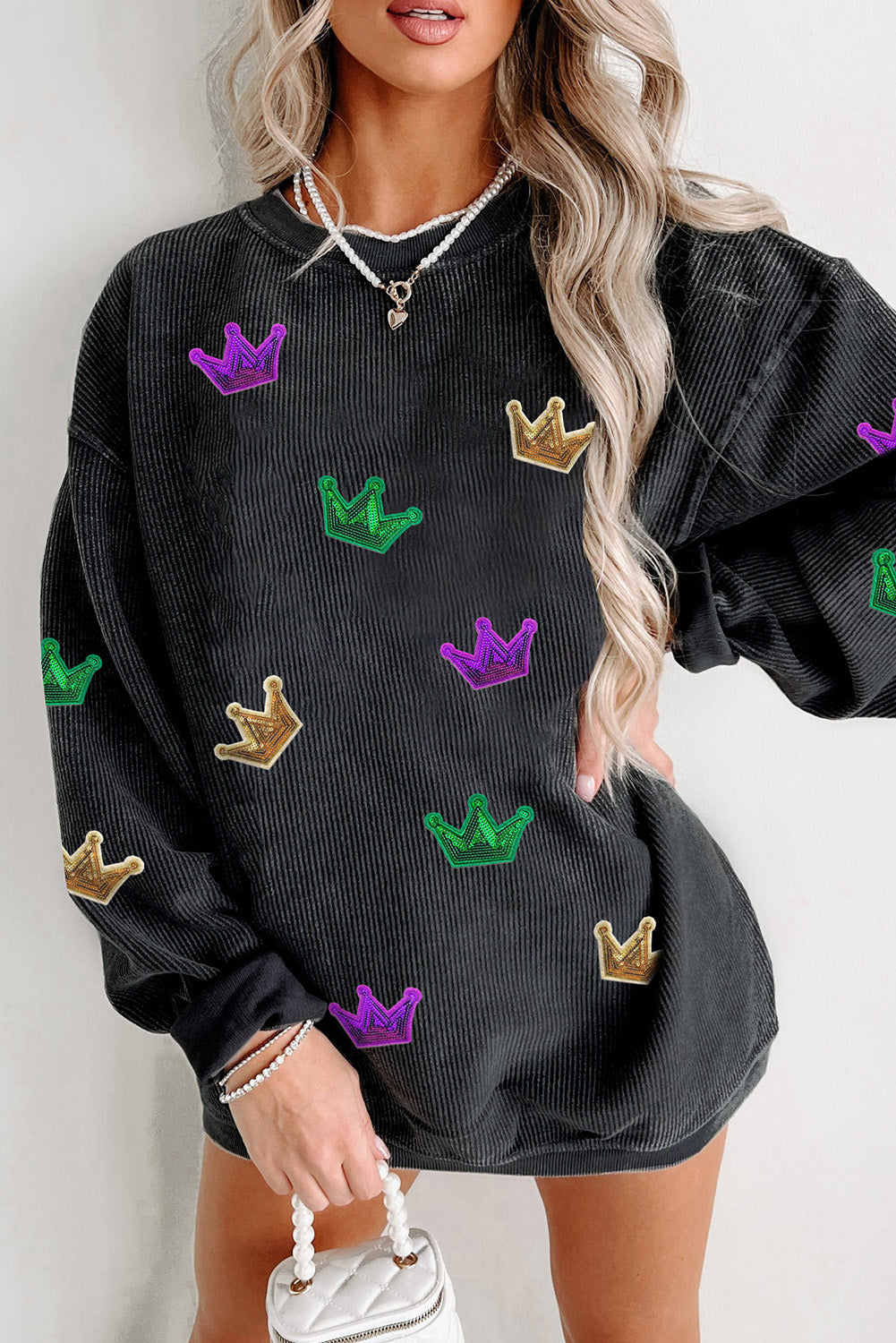 Black Crinkle Rib MARDI GRAS Crown Graphic Sweatshirt