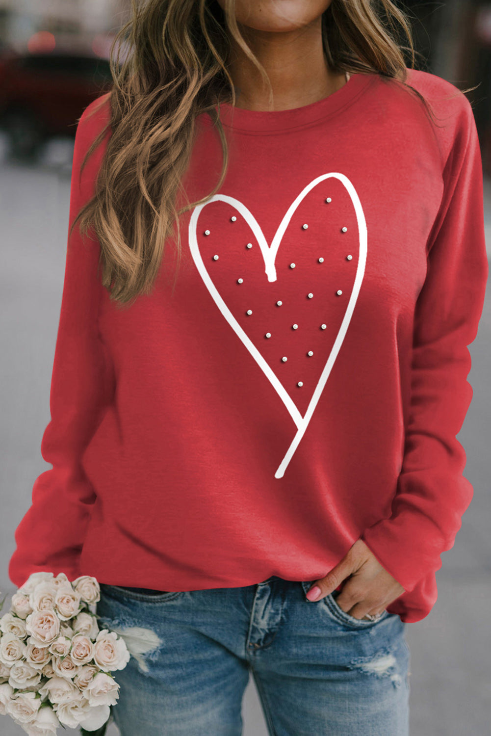 Red Valentine Heart Beaded Graphic Raglan Sleeve Sweatshirt