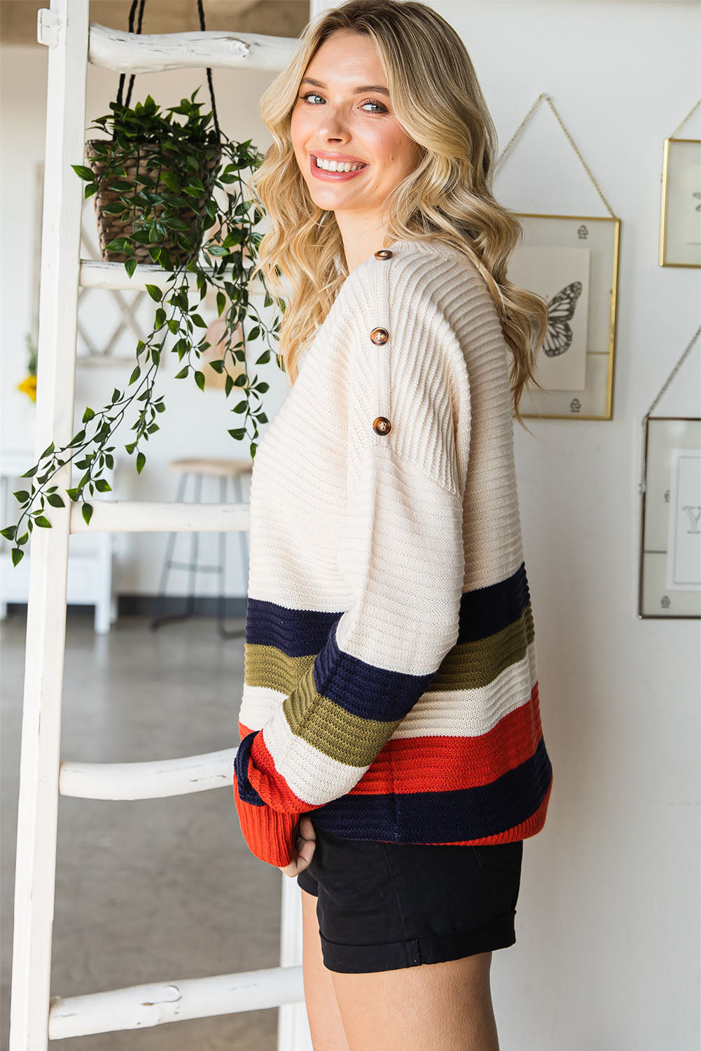 Colorblock Striped Button Drop Shoulder Pullover Sweater