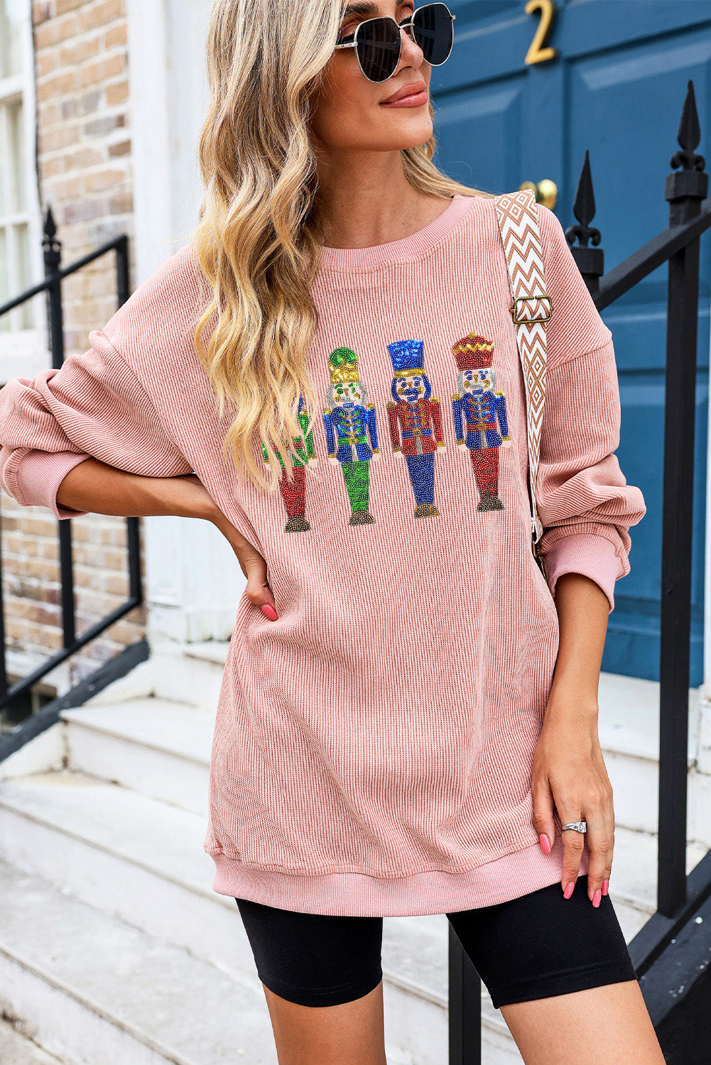 Pink Sequins Christmas Nutcracker Corded Baggy Graphic Sweatshirt