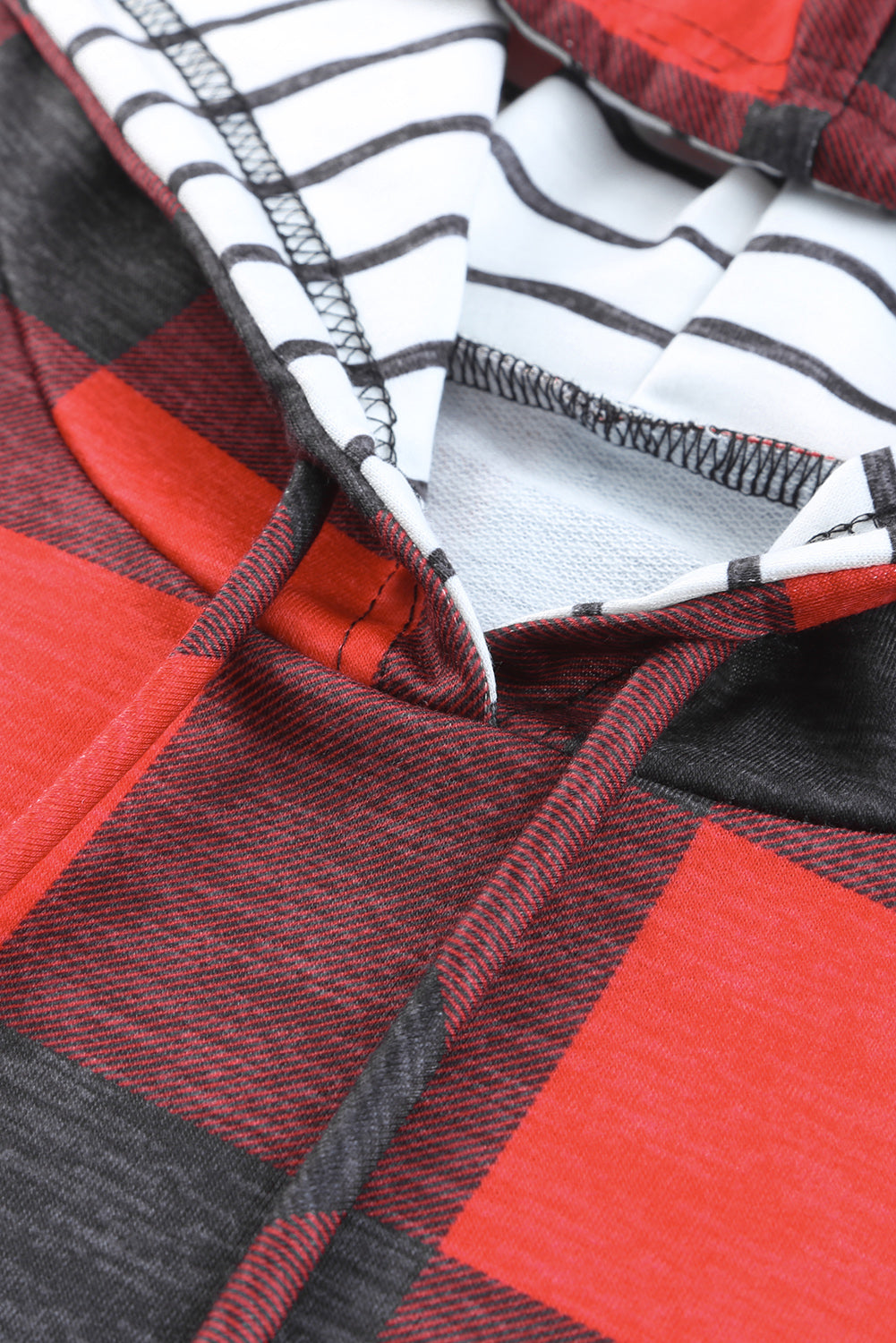 Red Plaid & Striped Patchwork Drawstring Hoodie